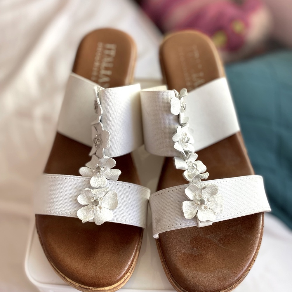Wedding Sandals with a one inch heal, white flowers.